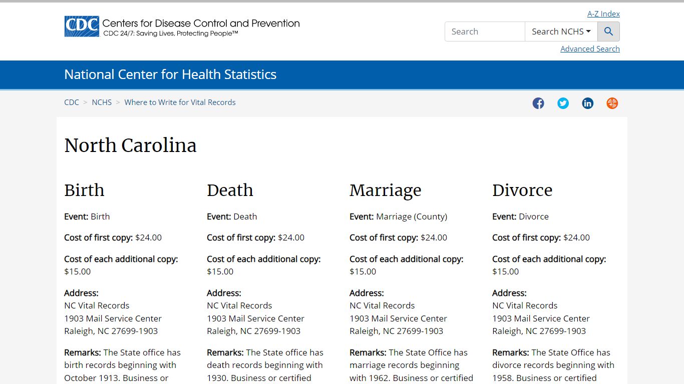 Where to Write for Vital Records - North Carolina - Centers for Disease ...
